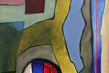 Abbildung Ocker mit Blau und weissem Kreis und rotem Kreis, Fritz Winter, 1970