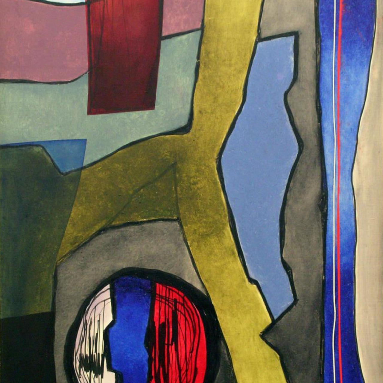 Abbildung Ocker mit Blau und weissem Kreis und rotem Kreis, Fritz Winter, 1970